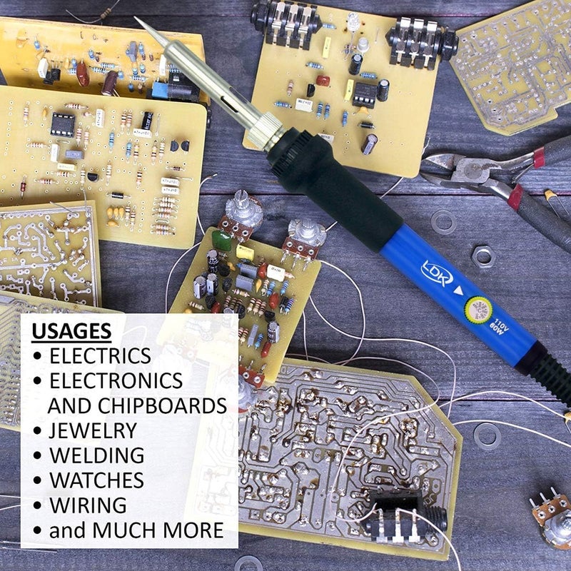 LDK Electric Soldering Iron Kit 60W, Adjustable Temperature with 5pcs Different Tips, Desoldering Pump, Stand, anti-static Tweezers, Solder Tube, Screwdriver, Cutter and Carry Bag for Repaired Usage - Image 3